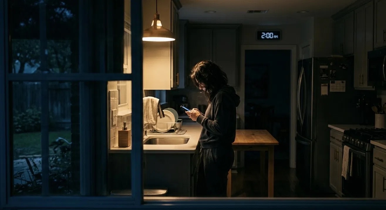 A person standing alone in a dark kitchen at 2am, looking at their phone after losing a parent