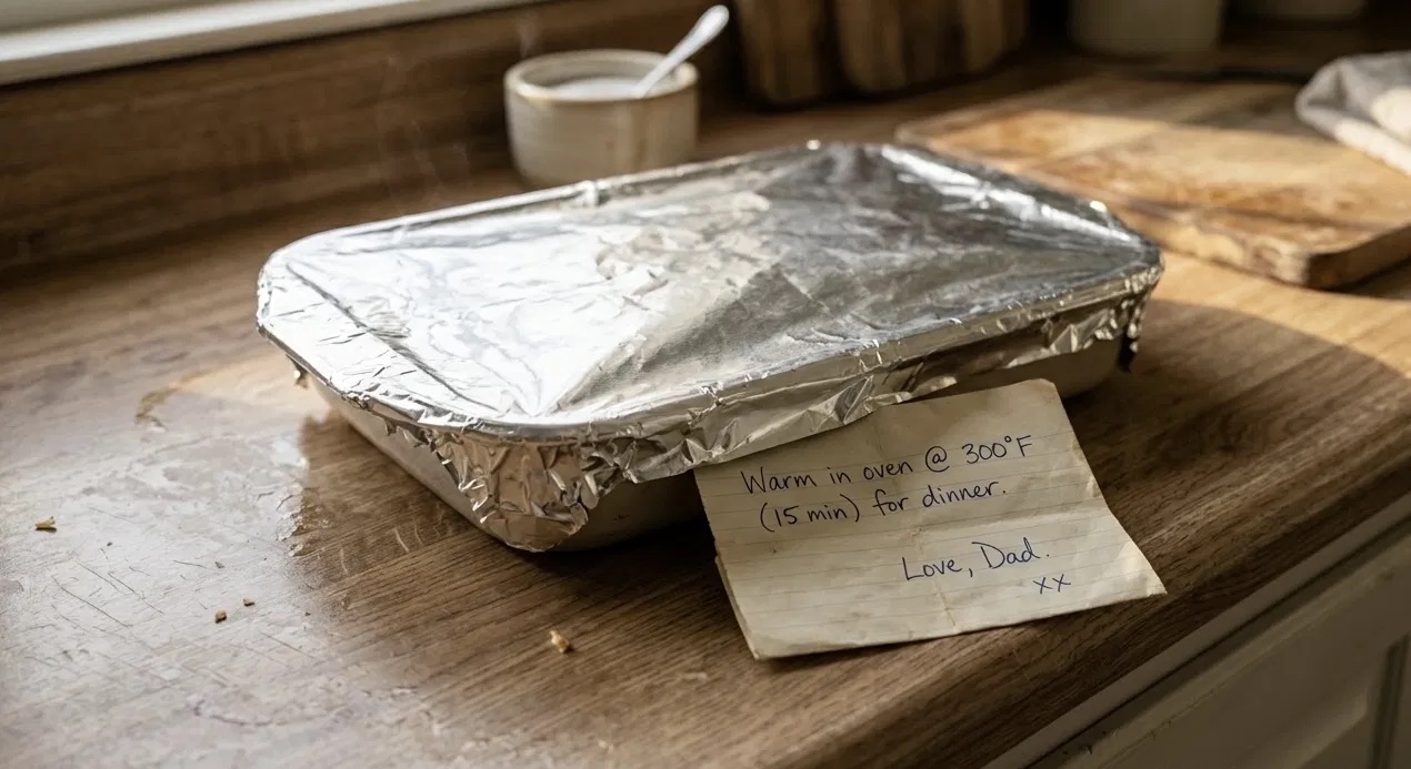 A foil covered casserole dish on a kitchen counter with a handwritten note that reads warm in oven, love Dad