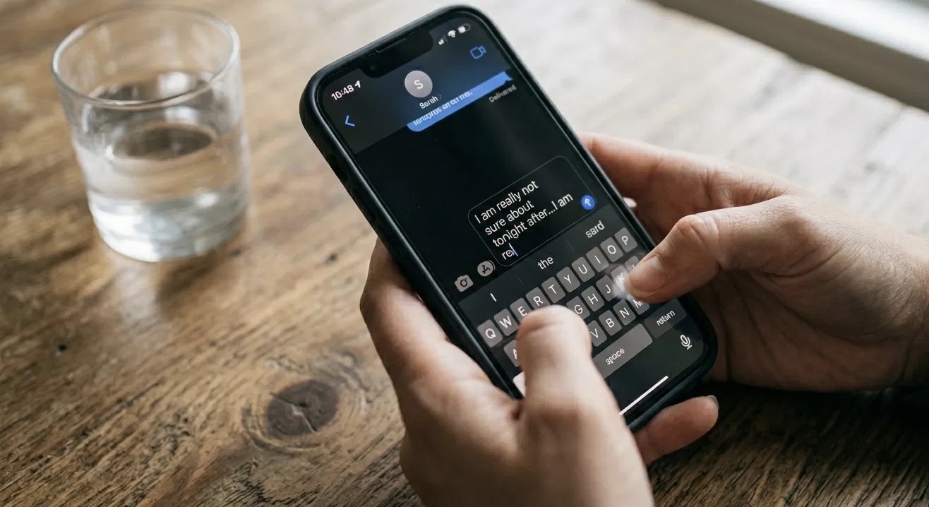 Hands typing and deleting a text message to a grieving friend, unsure what to say